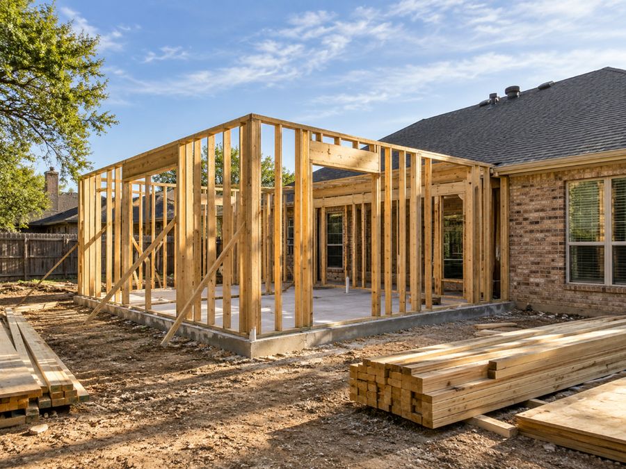 Timber-framed residential addition under construction (illustrative image)
