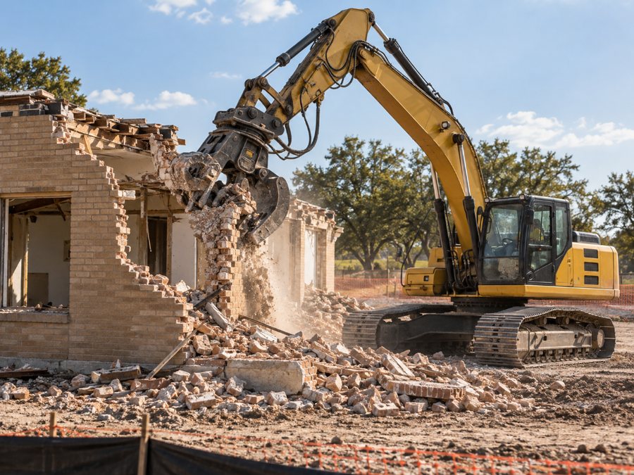 Excavator with a demolition attachment taking down a brick building (illustrative image)