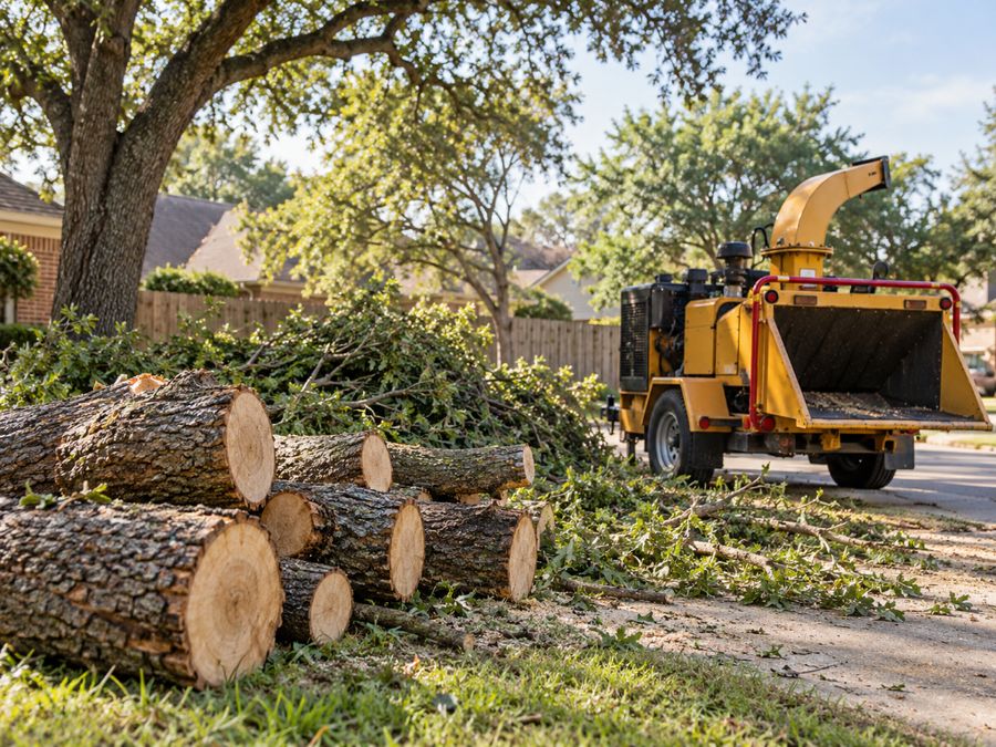 Cut logs and tree cleanup equipment (illustrative image)