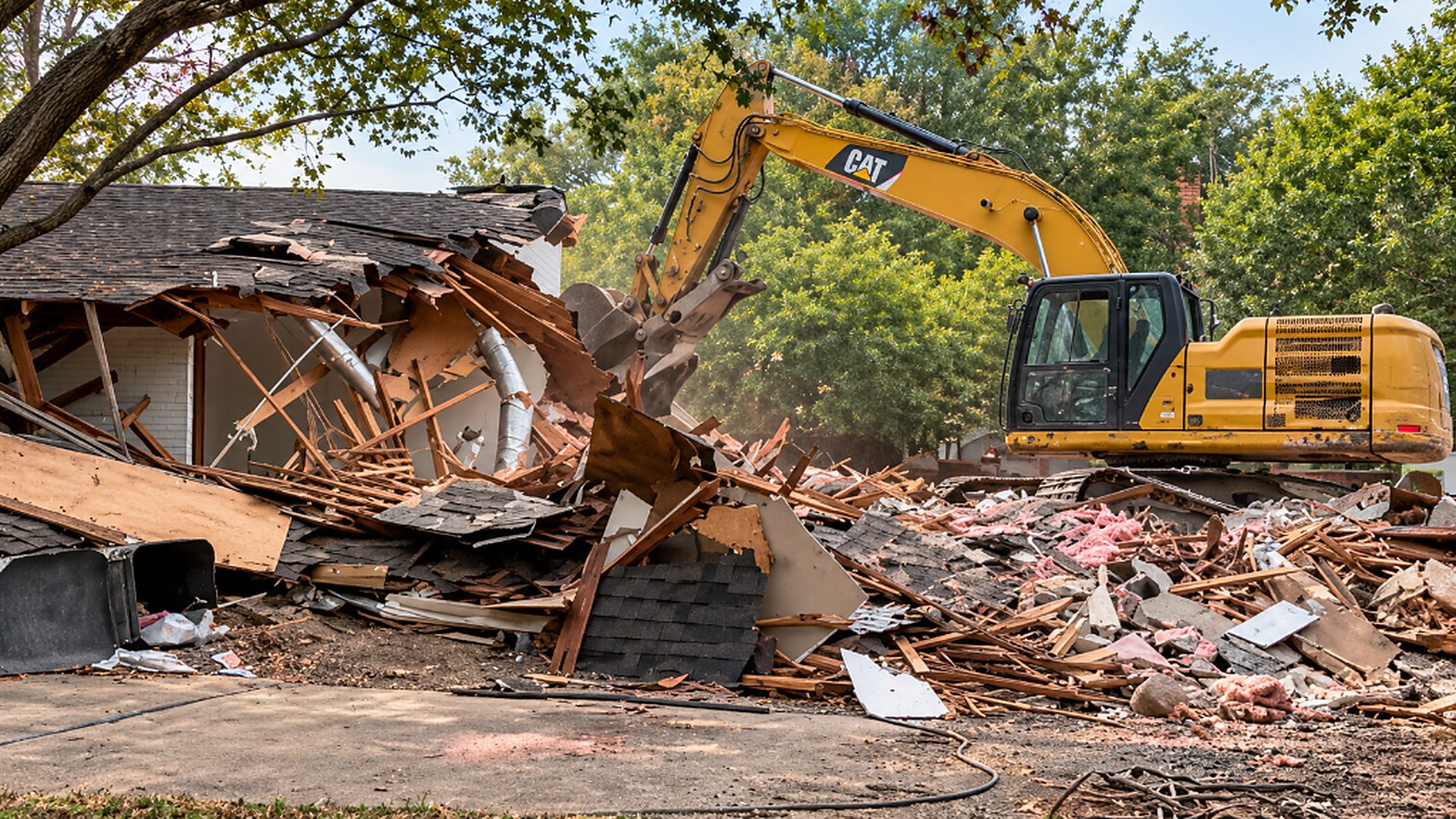 CAT excavator demolishing a residential home