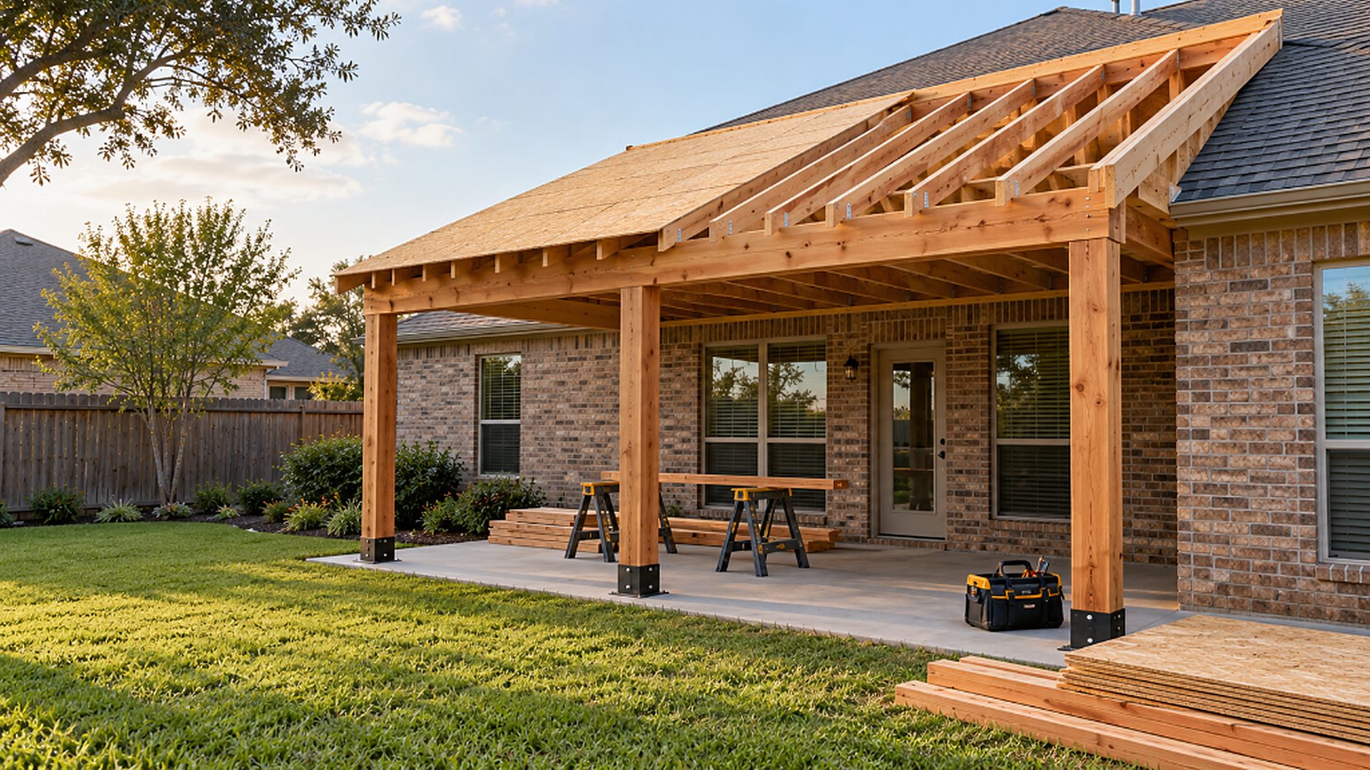 Backyard patio cover under construction on a brick home