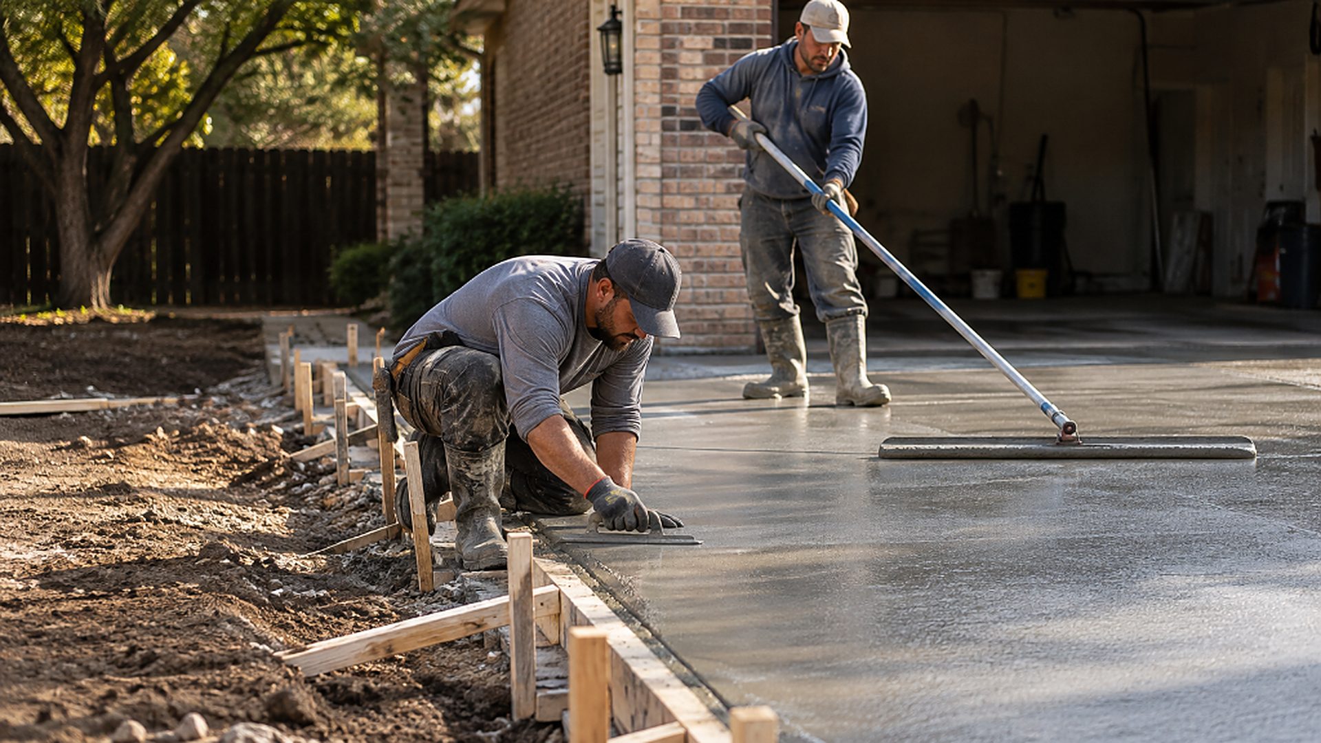 Illustrative crew finishing a concrete driveway pour with forms and screed