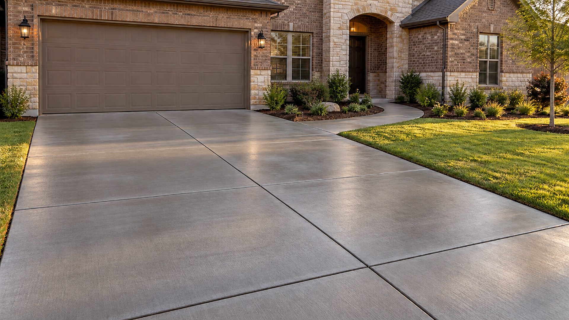 Illustrative finished concrete driveway in front of a brick home
