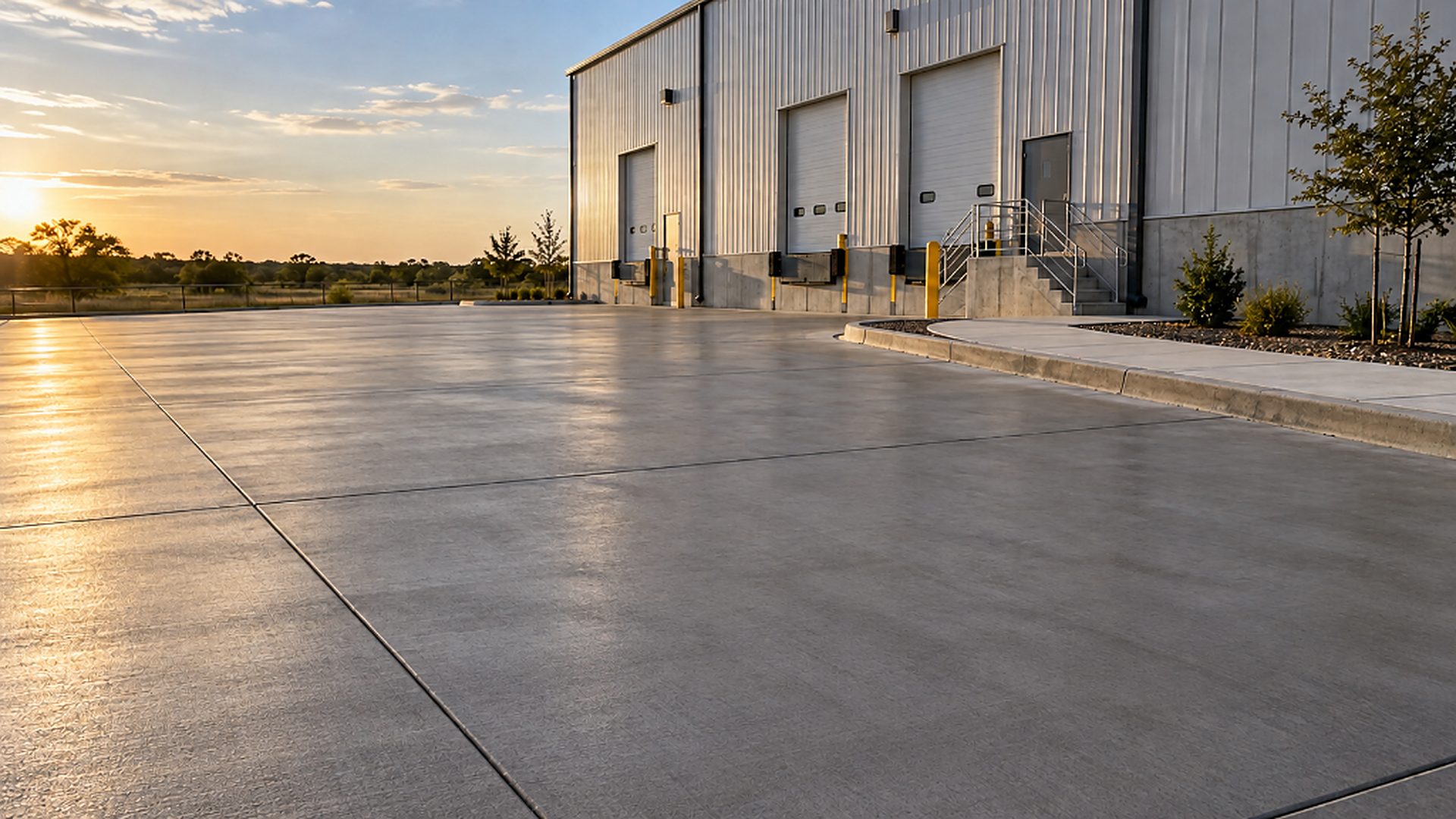Illustrative finished concrete apron at a commercial warehouse loading area