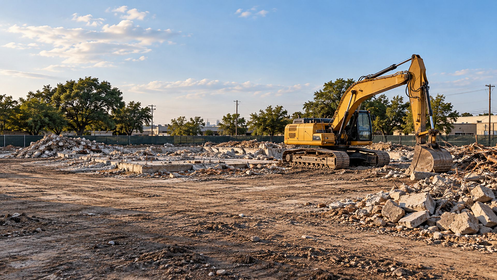 Illustrative excavator on a cleared demolition site