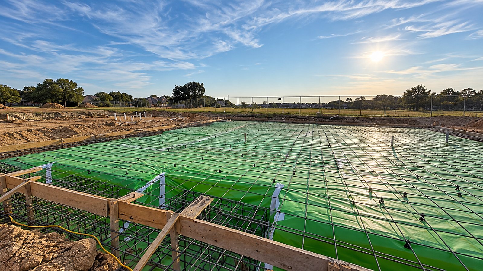 Formwork, vapor barrier, and rebar grid prepared for a concrete slab