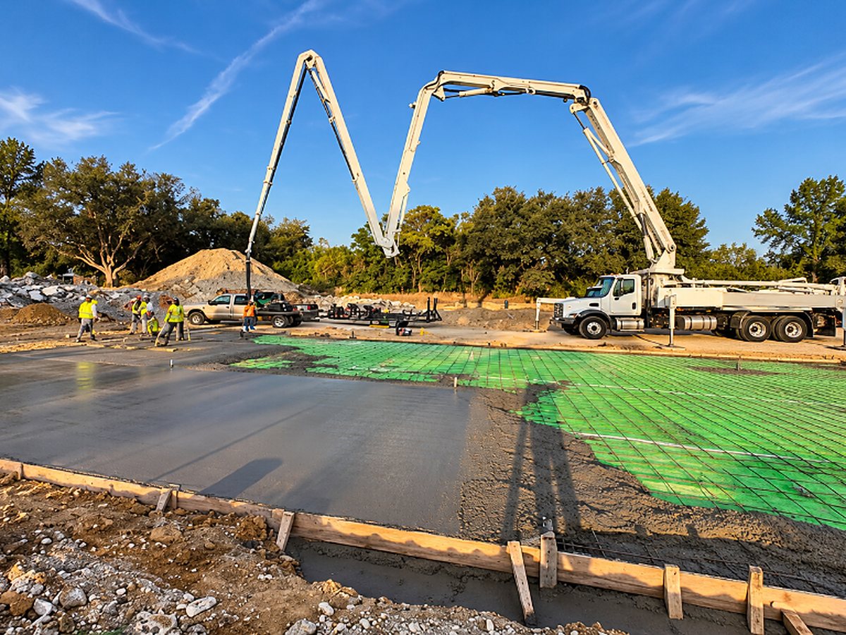 Concrete slab construction underway with a pump truck and crew