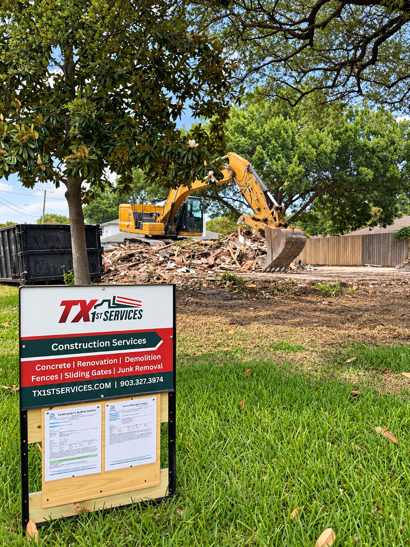 TX 1st Services site sign at an active demolition project